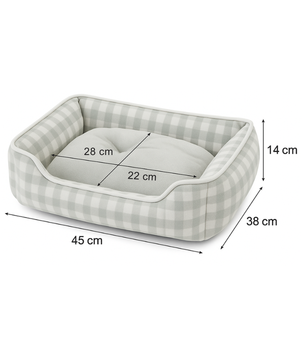 King Queen - Checkered Fleece Fort Bed, for Cats & Mini Dogs, Sage Grey & White - 45×38×14 cm