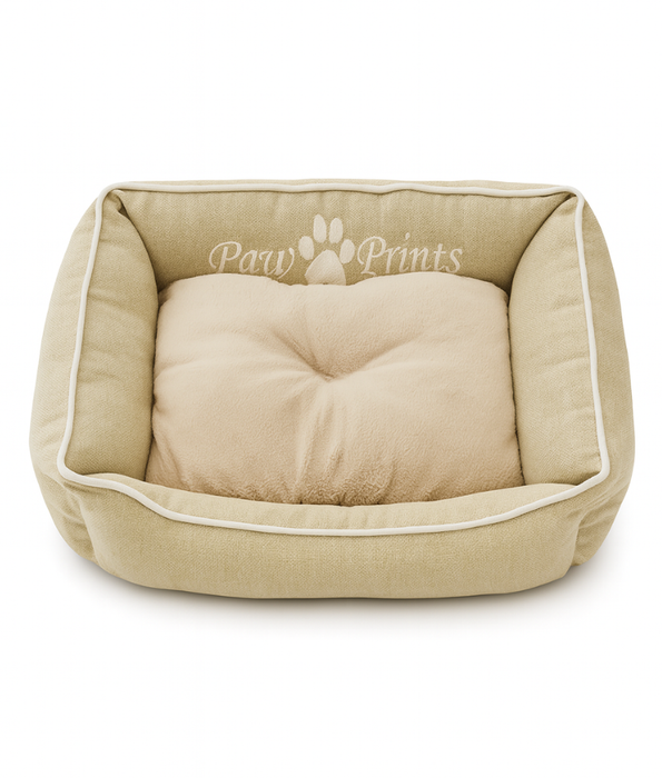 King Queen Beds - Paw Prints Washable Pet Bed with Double-Sided Cushion, Anti-Slip Bottom, Beige Linen & Cream Plush - 63x47x20 cm
