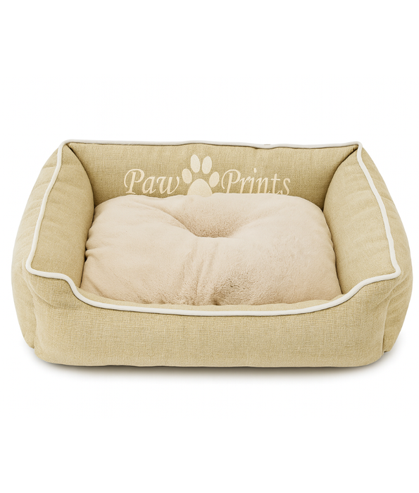 King Queen Beds - Paw Prints Washable Pet Bed with Double-Sided Cushion, Anti-Slip Bottom, Beige Linen & Cream Plush - 63x47x20 cm