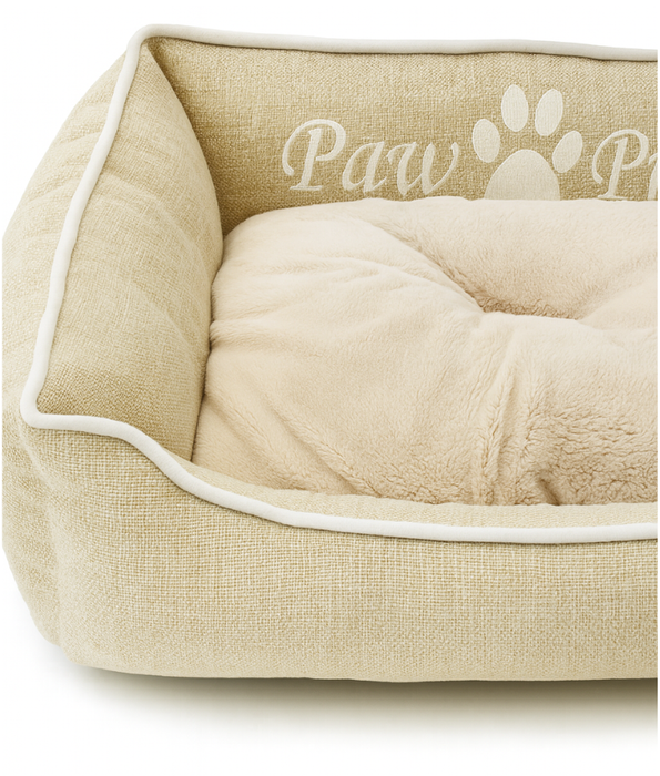 King Queen Beds - Paw Prints Washable Pet Bed with Double-Sided Cushion, Anti-Slip Bottom, Beige Linen & Cream Plush - 63x47x20 cm