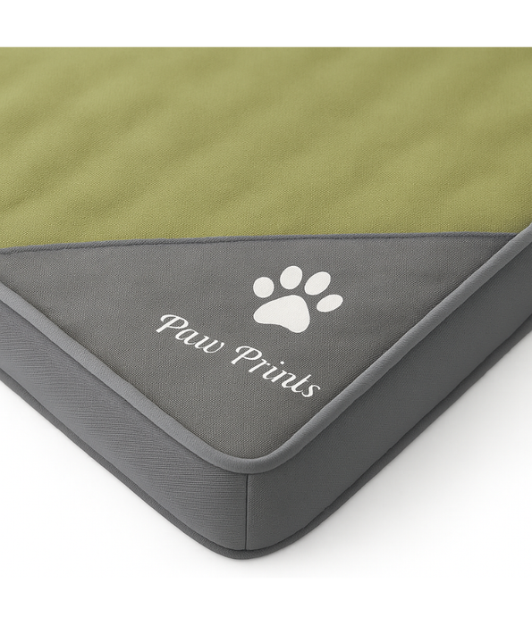 King Queen - Paw Prints Rectangular Pet Mat, Olive Green & Grey, Washable, Anti-Slip - 91×64×8 cm