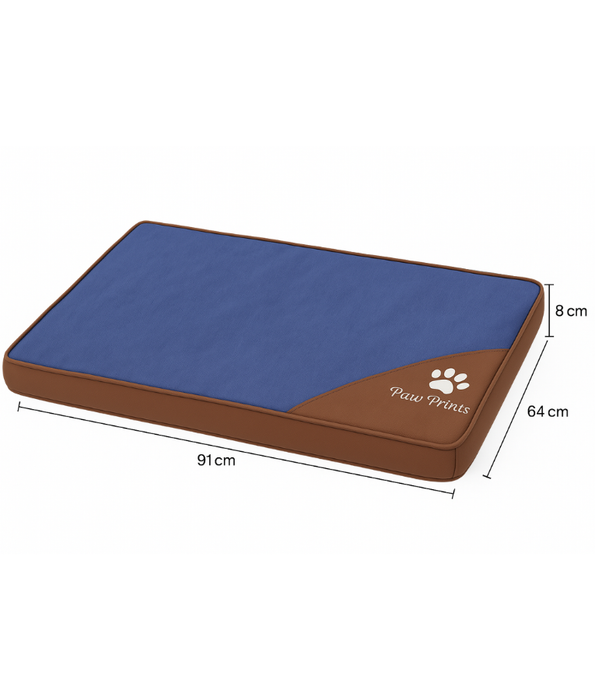 King Queen - Paw Prints Rectangular Pet Mat, Blue & Brown, Washable, Anti-Slip - 91×64×8 cm