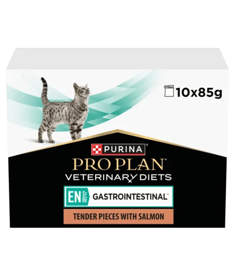 Purina - Pro Plan Veterinary Diets, EN Gastrointestinal Cat Pouch Salmon - 85g packaging with a cat.