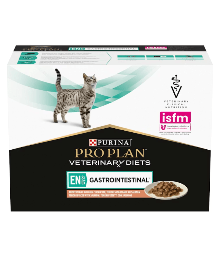 Purina - Pro Plan Veterinary Diets, EN Gastrointestinal Cat Pouch Salmon - 85g packaging with a cat.