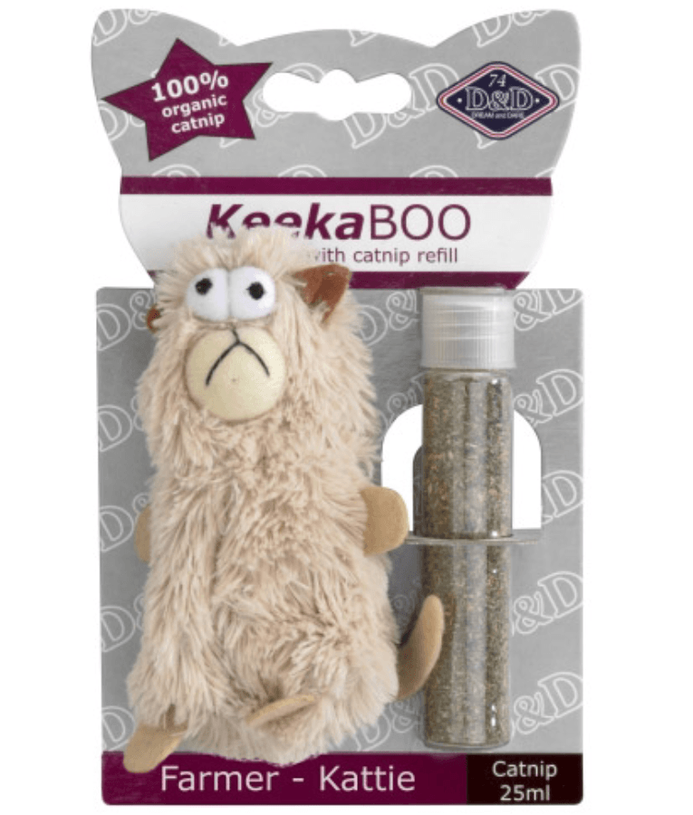 Duvo - D&D KeekaBoo Farmer Kattie Cat Toy with Catnip Refill – Plush Cat Toy – 11 × 6 × 2 cm with organic catnip.