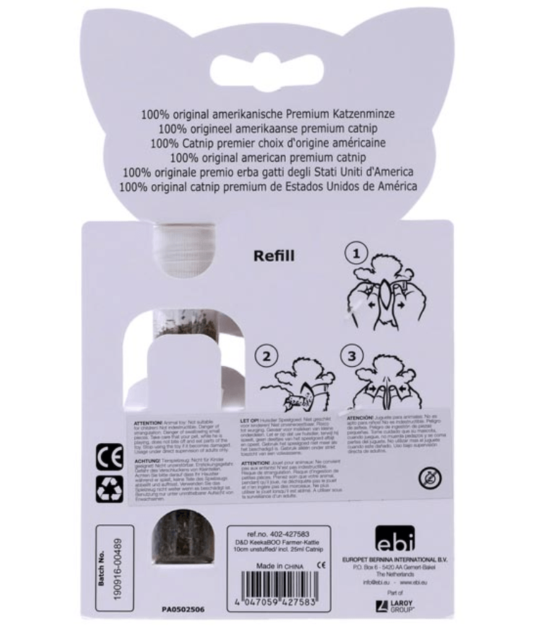 Duvo - D&D KeekaBoo Farmer Kattie Cat Toy with Catnip Refill – Plush Cat Toy – 11 × 6 × 2 cm packaging and catnip refill.
