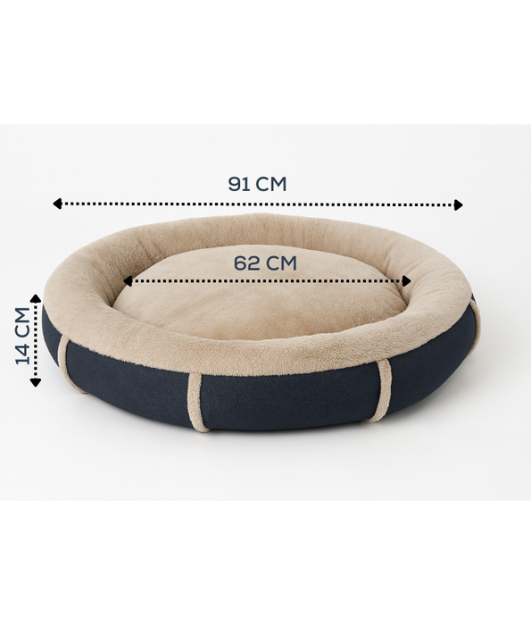 Tall Tails - Plush Round Dog Bed, Beige Faux Fur with Dark Navy Base, Washable, Bolstered Comfort - 91 cm
