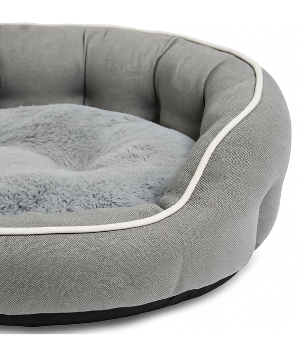 King Queen Beds - Round Dog & Cat Bed, Grey Fabric with Plush Faux Fur Cushion, Anti-Slip, Washable - 60×50×17 cm