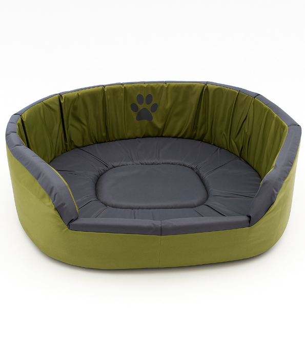 King Queen - Paw Prints Olive & Grey Soft Oval Pet Bed – Durable Fabric, Washable Cushion