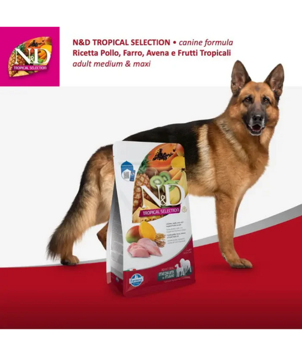 Farmina - N&D Tropical Selection, Chicken and Tropical Fruits Adult Dry Dog Food For Medium & Maxi Breeds 10kg