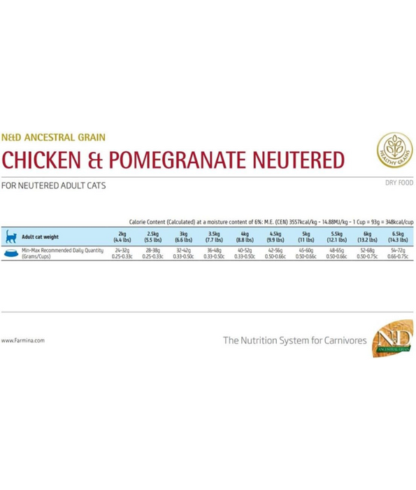 Farmina - N&D Ancestral Grain, Chicken and Pomegranate Adult Dry Cat Food for Sterilised Cats 1.5kg