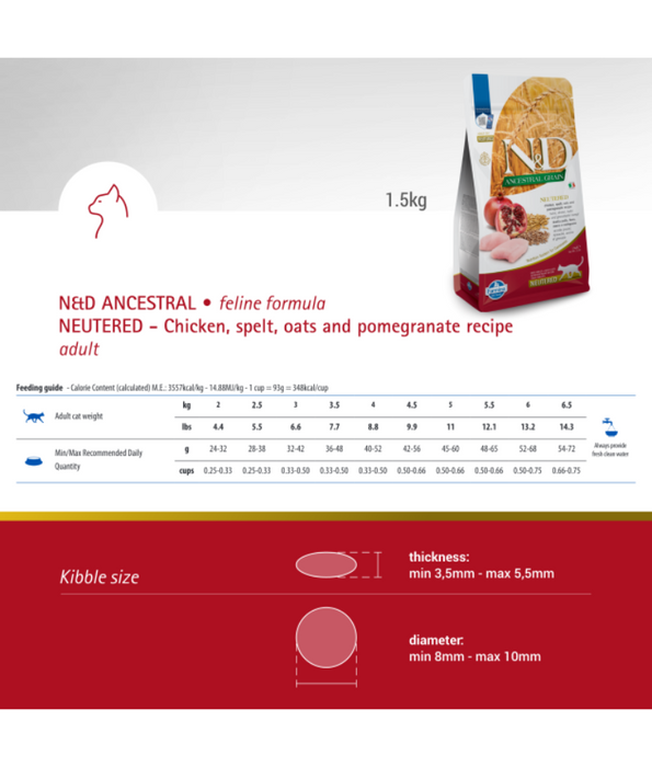 Farmina - N&D Ancestral Grain, Chicken and Pomegranate Adult Dry Cat Food for Sterilised Cats 1.5kg