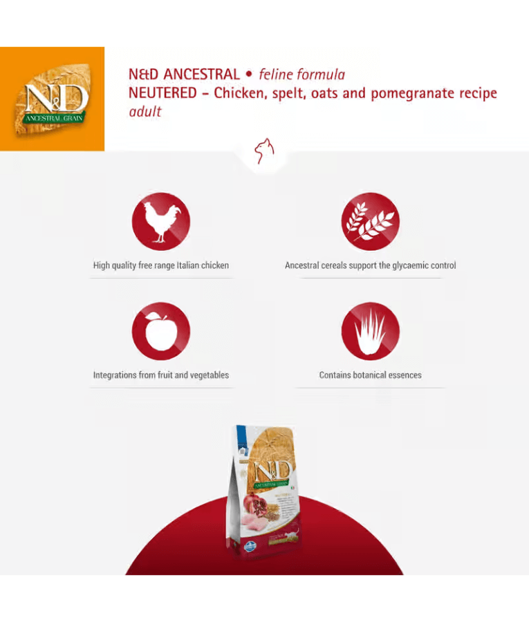 Farmina - N&D Ancestral Grain, Chicken and Pomegranate Adult Dry Cat Food for Sterilised Cats 1.5kg