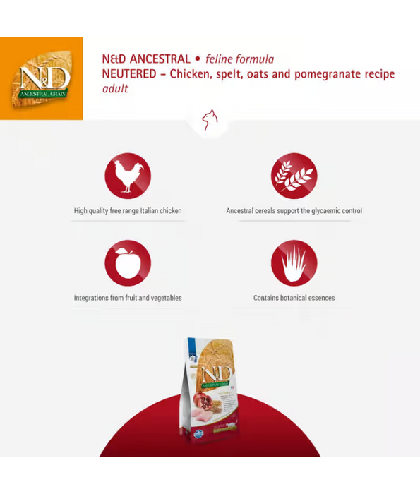 Farmina - N&D Ancestral Grain, Chicken and Pomegranate Adult Dry Cat Food for Sterilised Cats 1.5kg