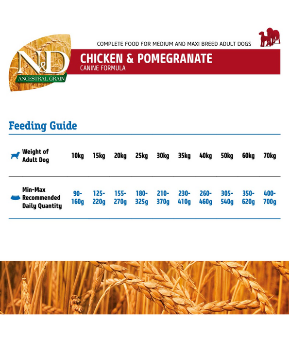 Farmina - N&D Ancestral Grain, Chicken and Pomegranate Adult Dry Dog Food For Medium & Maxi Breeds 12kg