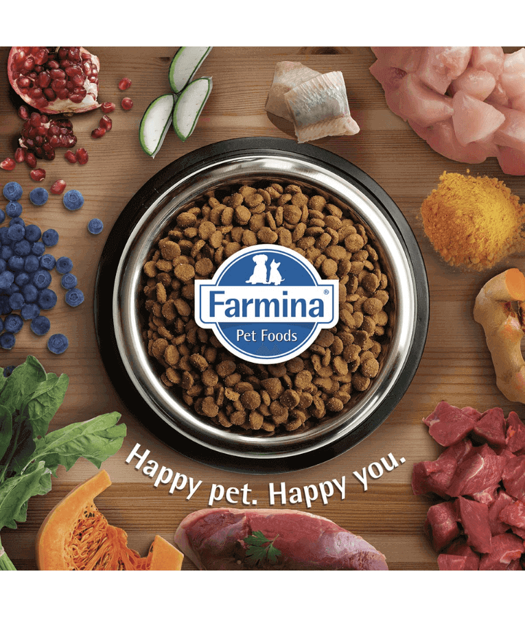 Bowl of Farmina premium cat food surrounded by fresh ingredients, promoting a happy pet and healthy nutrition.