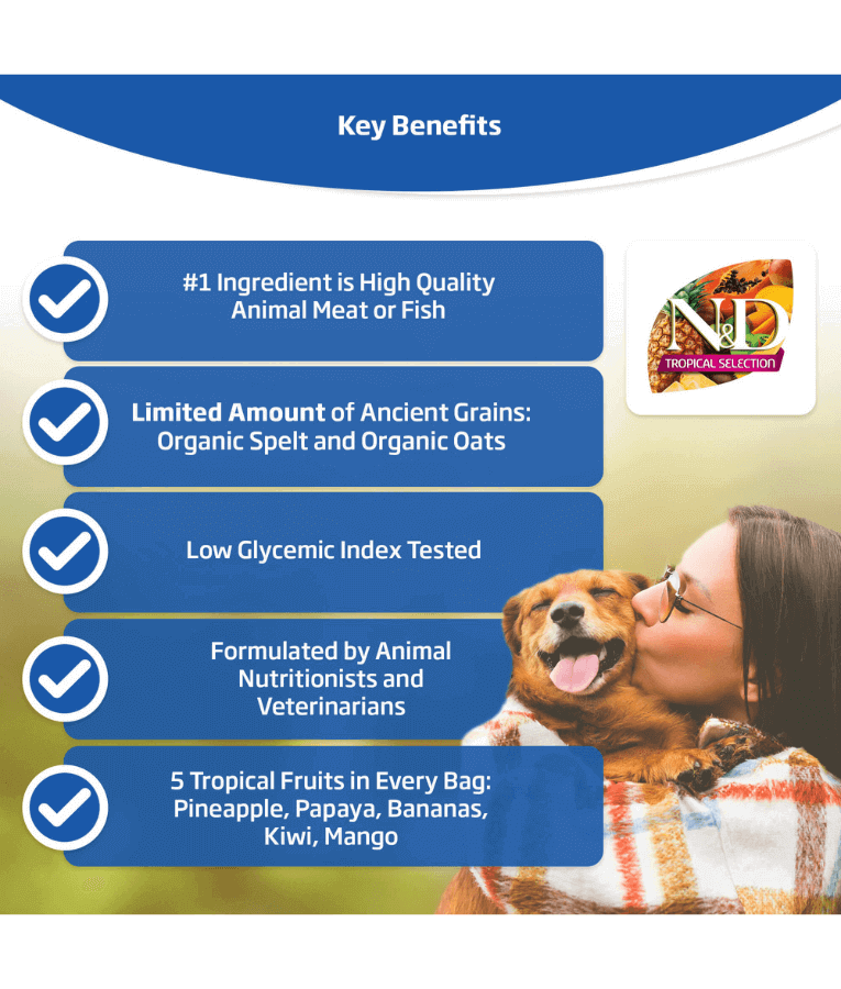Farmina - N&D Tropical Selection, Chicken and Tropical Fruits Adult Dry Dog Food For Medium & Maxi Breeds 10kg
