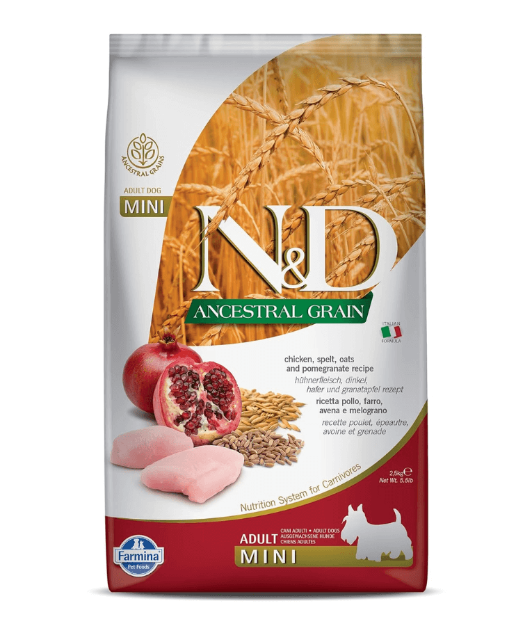 Farmina - N&D Ancestral Grain, Chicken and Pomegranate Adult Dry Dog Food For Mini and Small Breeds 2.5kg
