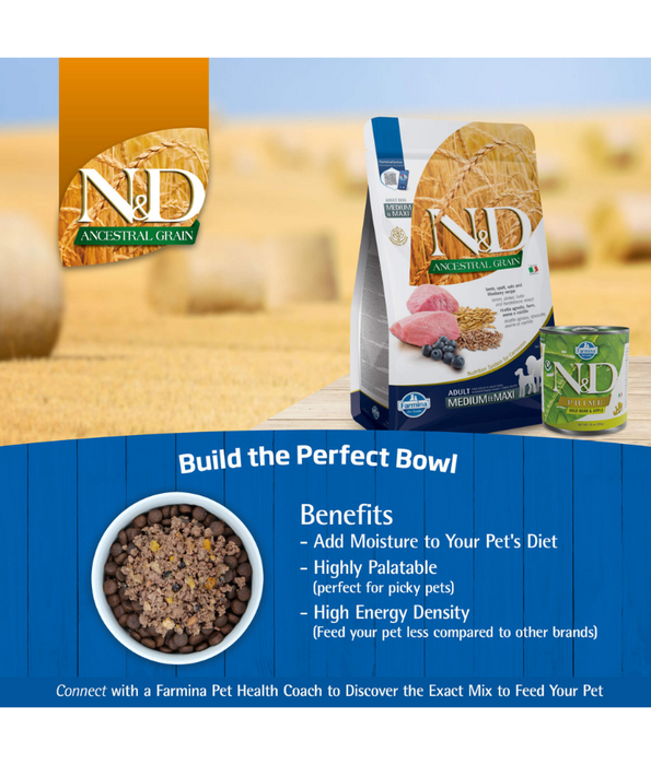 Farmina - N&D Ancestral Grain, Lamb and Blueberries Adult Dry Dog Food For Medium & Maxi Breeds 12kg