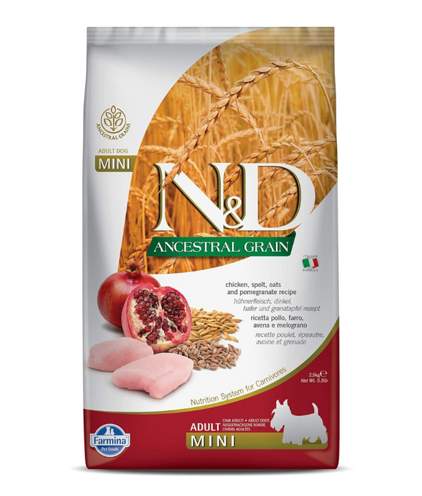 Farmina - N&D Ancestral Grain, Chicken and Pomegranate Adult Dry Dog Food For Mini and Small Breeds 2.5kg