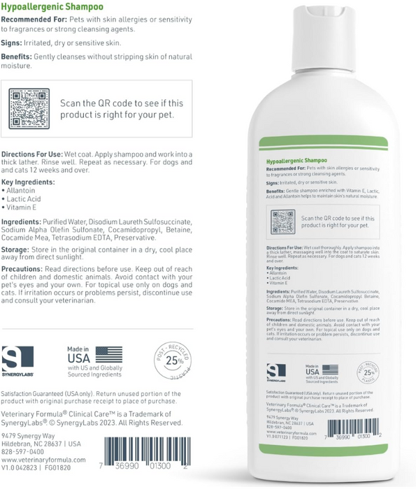 Synergy Labs - Veterinary Formula Clinical Care Hypoallergenic Shampoo for Dogs and Cats Fragrance-Free Pet Shampoo for Allergies