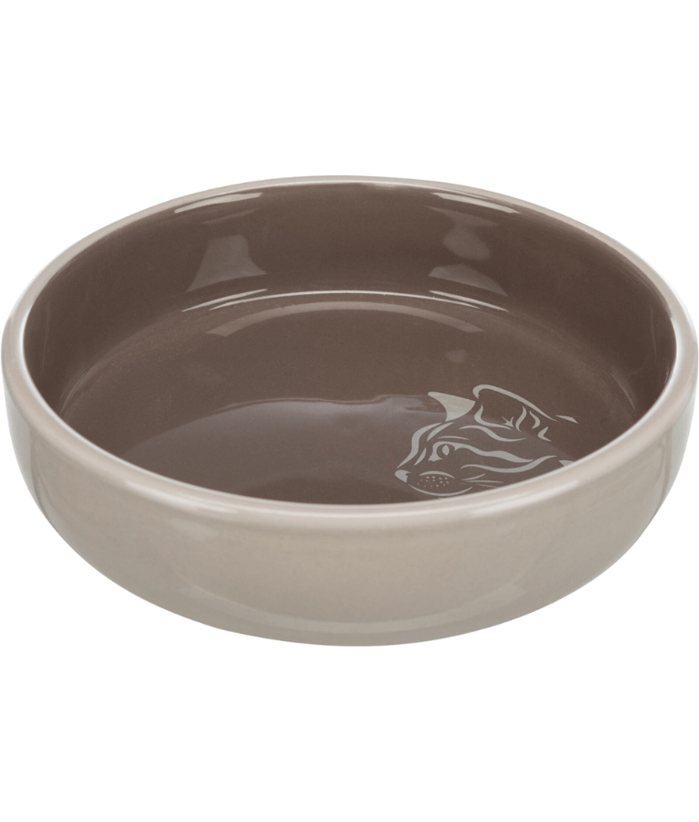 Trixie - Ceramic Cat Bowl, Shallow Design, Grey/Taupe, Ideal for Sensitive Whiskers - 0.3L/Ø15 cm