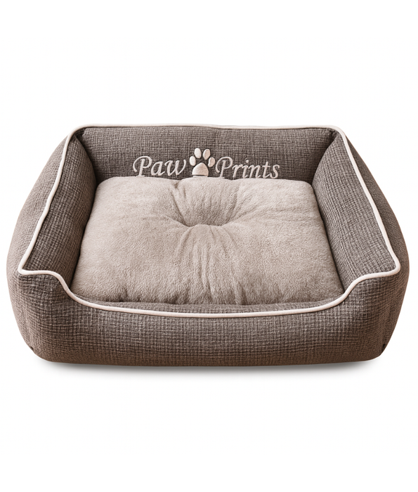 King Queen Beds – Paw Prints Washable Pet Bed with Double-Sided Cushion, Anti-Slip Bottom – Gray 75x62x16 cm