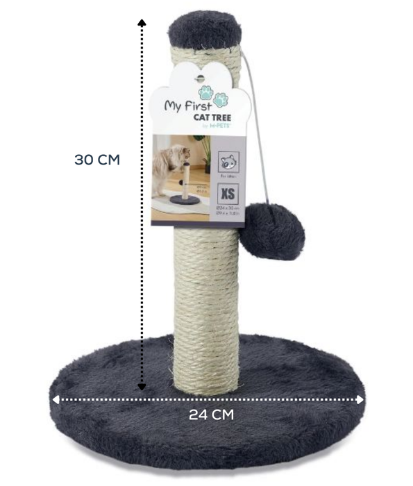 M-Pets - My First Cat Tree Pompom Dark Grey, Scratching Post, Interactive Play - 24×24×30 cm