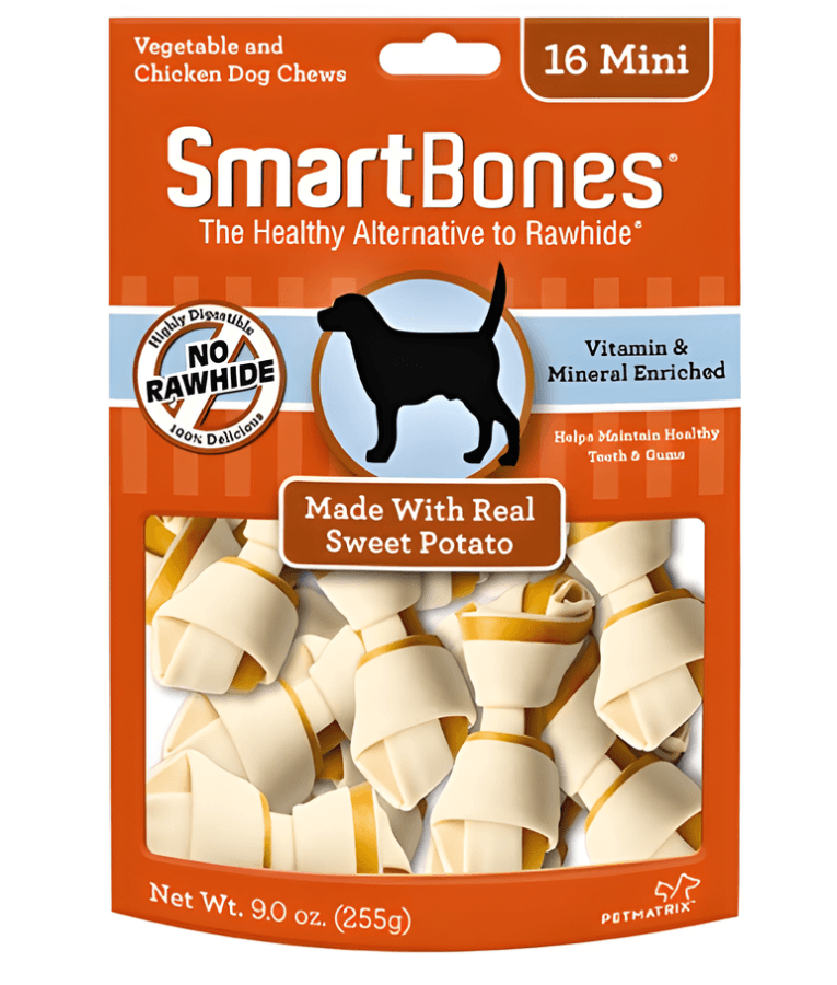 SmartBones - Sweet Potato Classic Bone Chews Chicken, Rawhide-Free Dental Adult Dog Treats - Mini & Small Dogs - 16 Mini / 6 Small