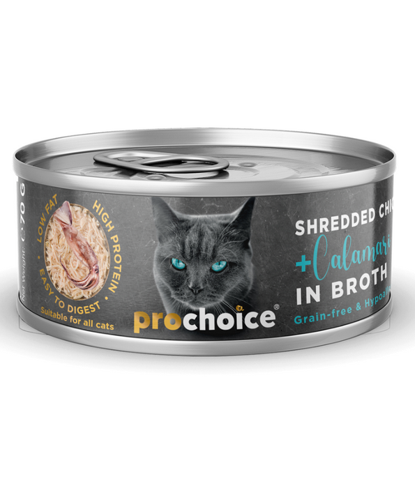 Prochoice – Shredded Grain-Free Wet Cat Food with Fresh Chicken & Calamari in Broth, Hypoallergenic – 70g