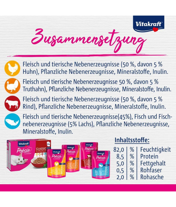 Vitakraft - Poésie Classique, Adult Wet Cat Food Multipack, In Gravy - 12 Pouches x 85g