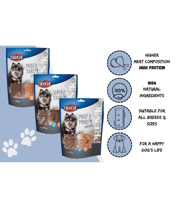 Trixie - Premio 4 Meat Minis Snack Pack, Chicken, Duck, Beef & Lamb, Variety Protein Dog Treats, Gluten-Free & No Added Sugar - 4 × 100 g