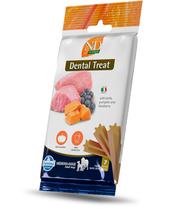 Farmina - N&D Pumpkin, Dental Treats for Adult Dogs – Lamb, Pumpkin & Blueberry, Daily Oral Care & Joint Support, Grain-Free, For Medium & Maxi Breeds - 7 Sticks