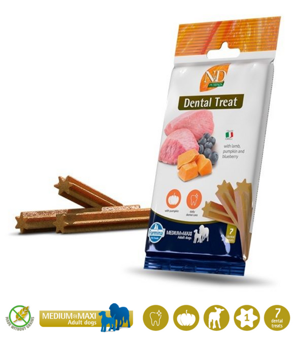 Farmina - N&D Pumpkin, Dental Treats for Adult Dogs – Lamb, Pumpkin & Blueberry, Daily Oral Care & Joint Support, Grain-Free, For Medium & Maxi Breeds - 7 Sticks