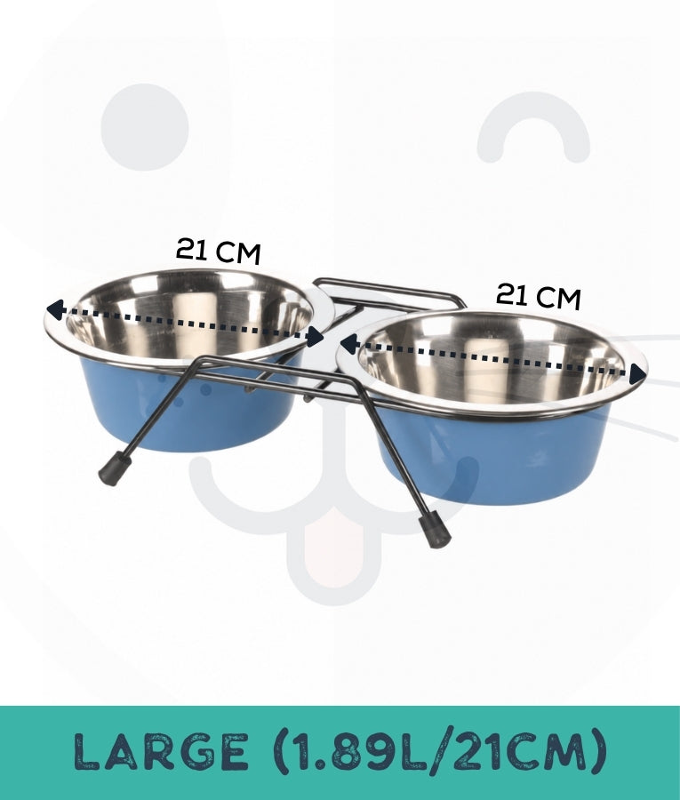 Duvo - Twin Feeders Dinner Set Wire Stand Bowl Petrol Blue