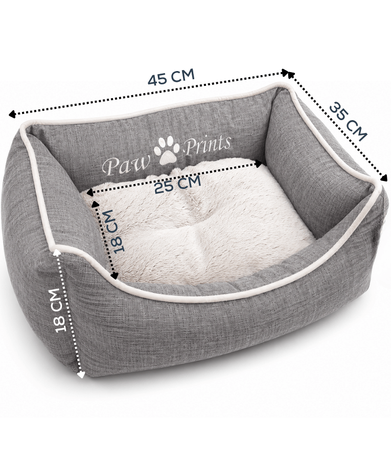 King Queen - Cozy Plush Pet Bed, Raised Supportive Sides - 45 x 35 x 18 cm - Grey - Beige