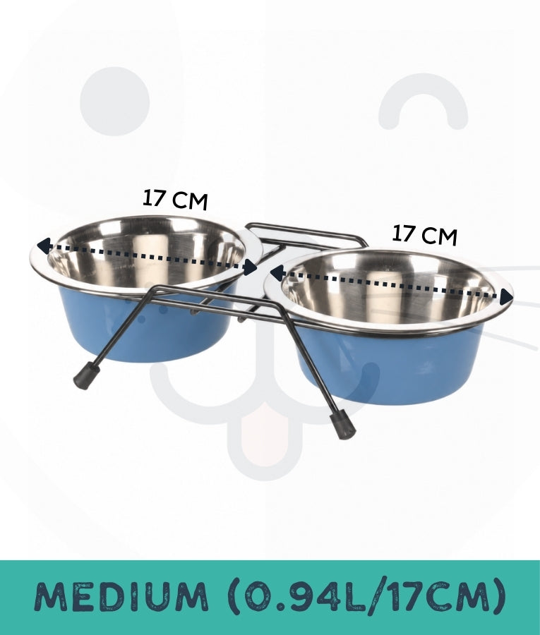 Duvo - Twin Feeders Dinner Set Wire Stand Bowl Petrol Blue