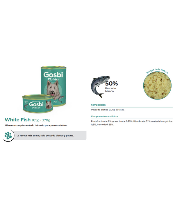 Gosbi - Plaisirs, Grain-Free White Fish Adult Complementary Wet Dog Food – Low Calories, All-Natural 185g-370g