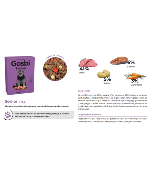 Gosbi - Fresko, Grain-Free Turkey and Salmon Senior Complete Wet Dog Food – Joint and Cognitive Support, All Natural 375g