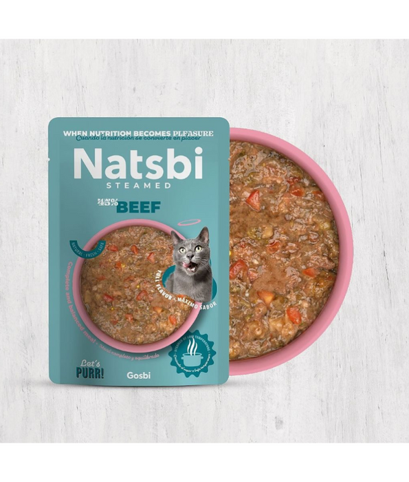 Gosbi - Natsbi Steamed, Beef in Broth Fresh Cat Food – Grain-Free, Complete Meal for All Life Stages – 80g