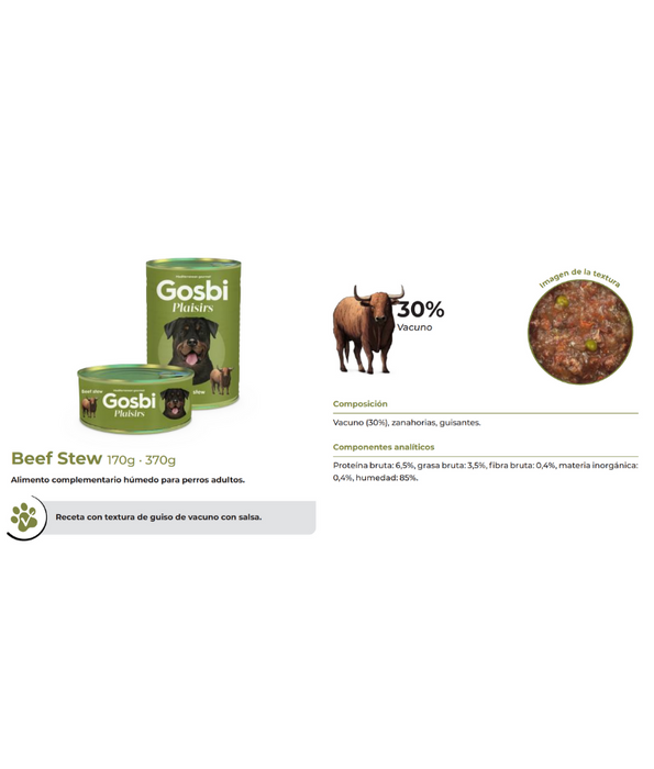 Gosbi- Plaisirs, Grain-Free Beef Stew Adult Complementary Wet Dog Food – Hypoallergenic, Monoprotein, Weight Control 185g-370g