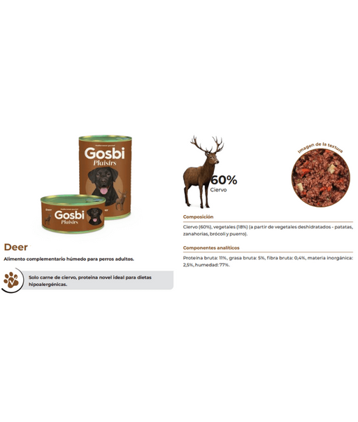 Gosbi - Plaisirs, Grain-Free Deer Complementary Wet Dog Food – Hypoallergenic, Monoprotein, All-Natural For Puppies & Adult Dogs185g