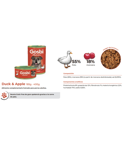 Gosbi - Plaisirs, Grain-Free Duck & Apple Adult Complementary Wet Dog Food – High EnergyContent, All-Natural For Active Dogs 185g-400g