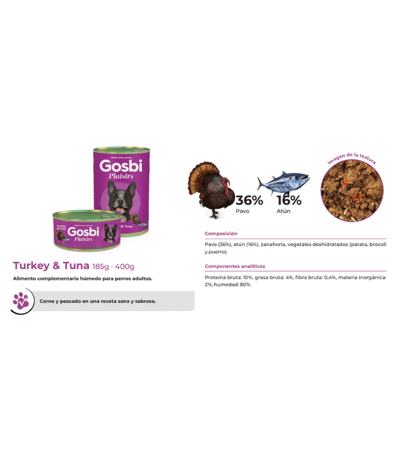 Gosbi - Plaisirs, Grain-Free Turkey & Tuna Adult Complementary Wet Dog Food – Weight Control 185g-400g