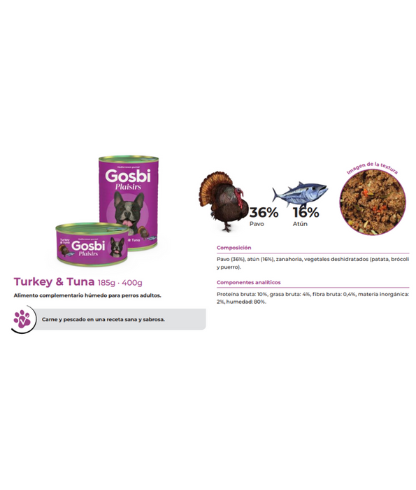 Gosbi - Plaisirs, Grain-Free Turkey & Tuna Adult Complementary Wet Dog Food – Weight Control 185g-400g