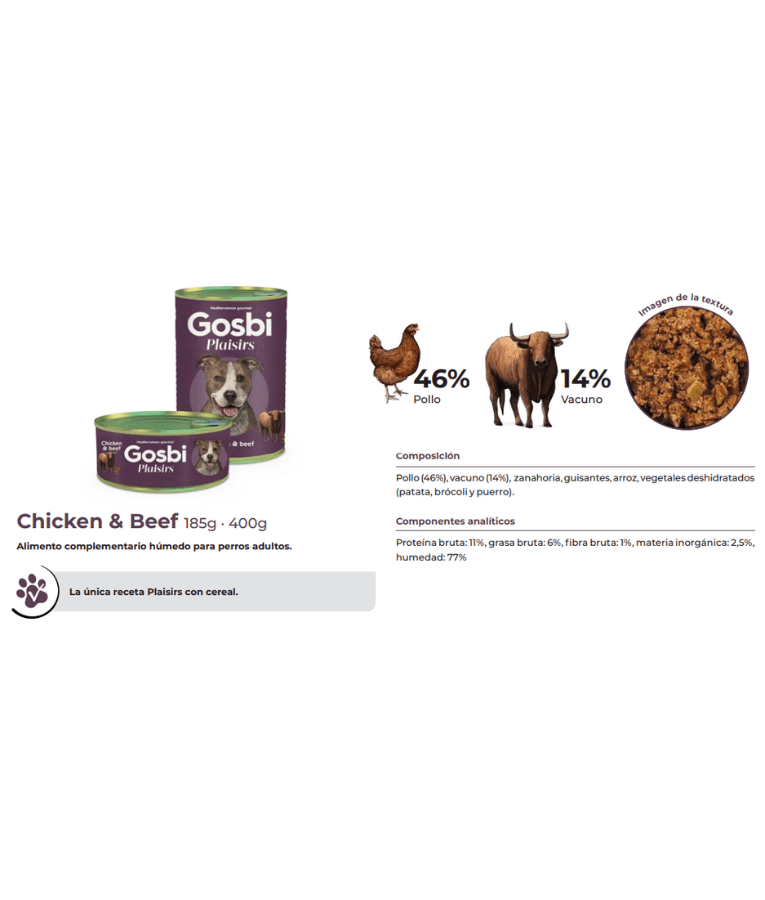 Gosbi - Plaisirs, Grain-Free Chicken & Beef Adult Complementary Wet Dog Food 185g