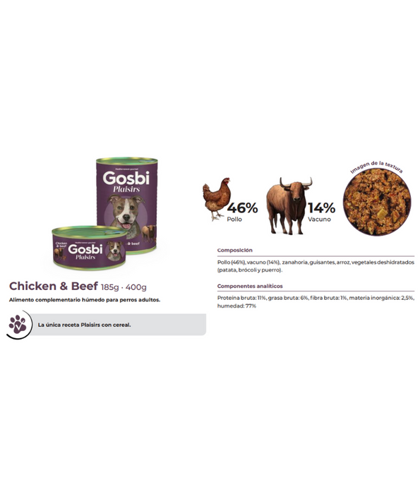 Gosbi - Plaisirs, Grain-Free Chicken & Beef Adult Complementary Wet Dog Food 185g