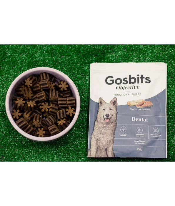 Gosbi - Gosbits Objective, Chicken & Salmon Adult Dog Treats – Dental, Reduce Bad Breath and Plaque Formation, All Natural 150g