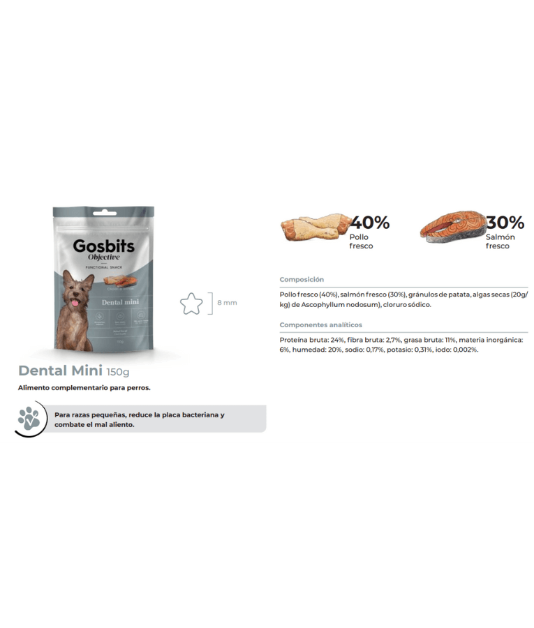 Gosbi - Gosbits Objective, Chicken & Salmon Adult Dog Treats – Dental, Reduce Bad Breath and Plaque Formation, All Natural For Mini and Small Breeds 150g
