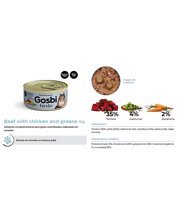 Gosbi - Fresko, Beef, Chicken, and Vegetables Sterilized Complementary Adult Wet Cat Food – Grain-Free 70g